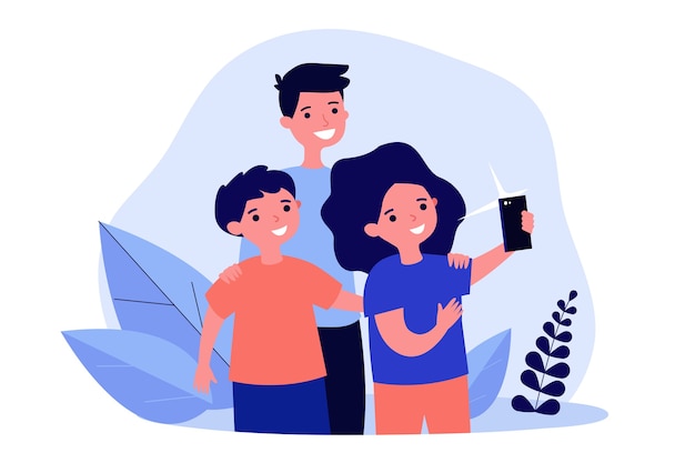 Vector tres niños tomando selfie en smartphone