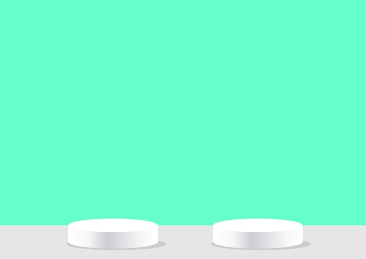 Vector tres objetos blancos en una mesa uno de los cuales es verde