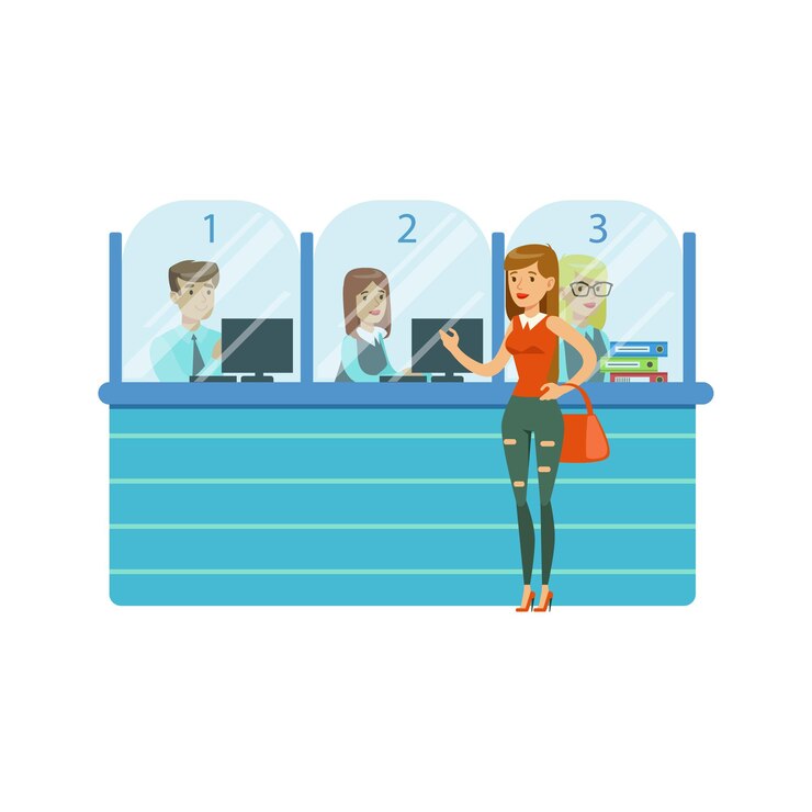 Vector tres operadores bancarios en cubículos de vidrio y mujer cliente servicio bancario gestión de cuentas y asuntos financieros ilustración vectorial temática