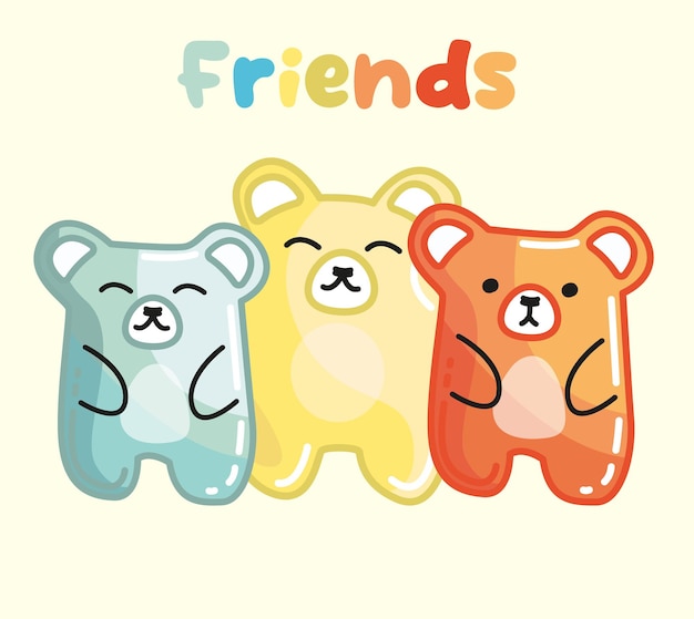 Tres osos de peluche lindo estilo gelatina o caramelo osos de color pastel brillante conjunto amigos tarjeta postal de moda