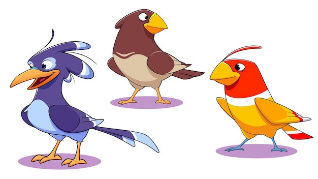 Tres pájaros de dibujos animados alegres