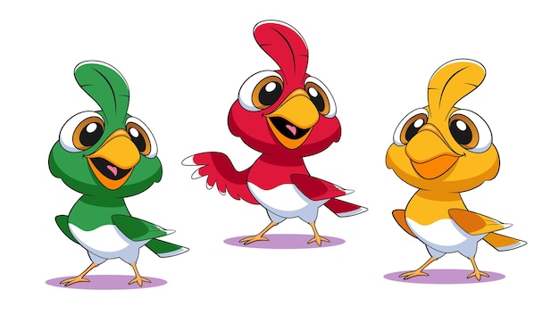 Tres pájaros de dibujos animados coloridos y alegres