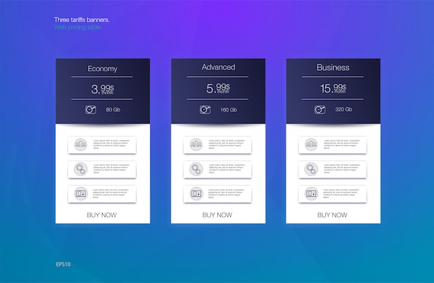 Tres pancartas arancelarias. Tabla de precios web. Diseño vectorial para aplicación web. Lista de precios.
