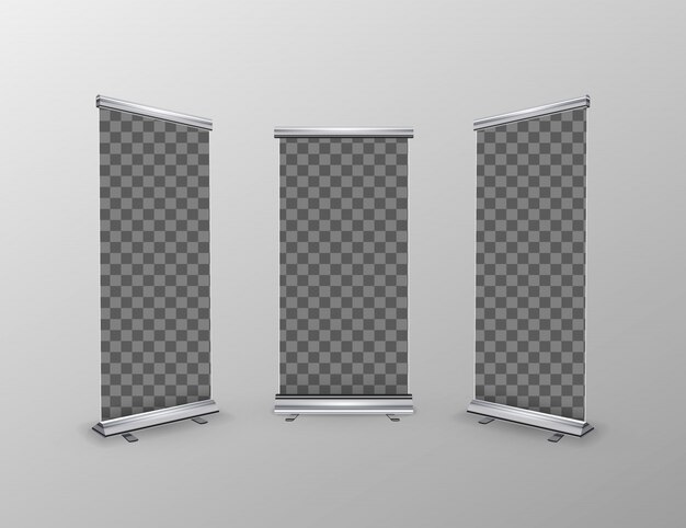 Tres pancartas enrollables realistas en blanco con lugar transparente para anunciar carteles