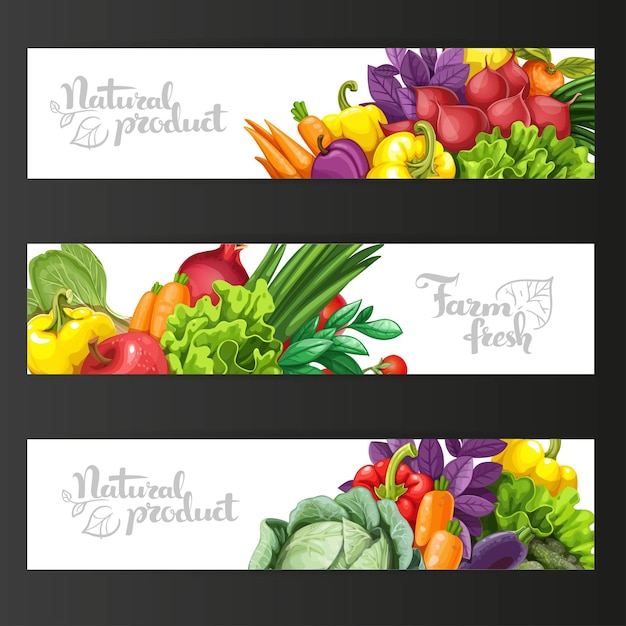 Tres pancartas horizontales con frutas y verduras frescas en un b