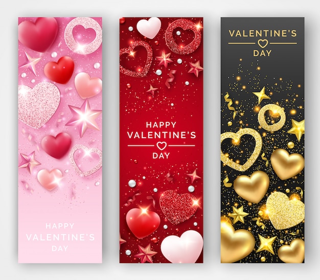 Tres pancartas verticales del Día de San Valentín con corazones brillantes, cintas, estrellas y bolas de colores.