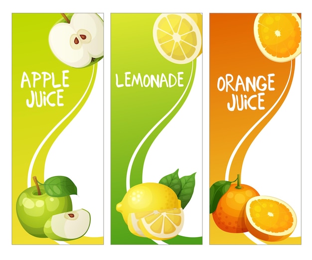 Tres pancartas verticales con frutas de manzana naranja.