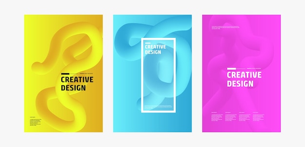 Tres pancartas verticales presentan vibrantes formas fluidas abstractas en 3D en amarillo, azul y rosa
