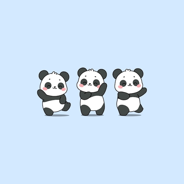 Tres pandas lindos bailando una ilustración vectorial de dibujos animados