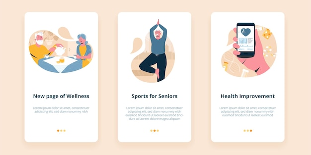 Tres pantallas para la aplicación móvil de bienestar para personas mayores que ilustra actividades deportivas para personas mayores
