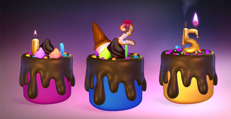 Vector tres pasteles con lluvia de chocolate y velas en la parte superior las velas están encendidas y los pasteles están decorados
