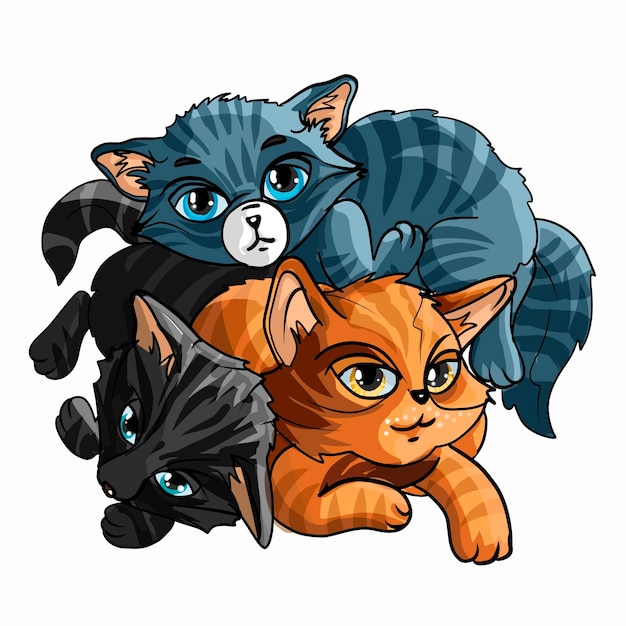 Tres pequeños cittens lindos. gatos negros, grises, naranjas. personaje animado. ilustración de vector clásico compañero de mano. aislado. gato para animación.