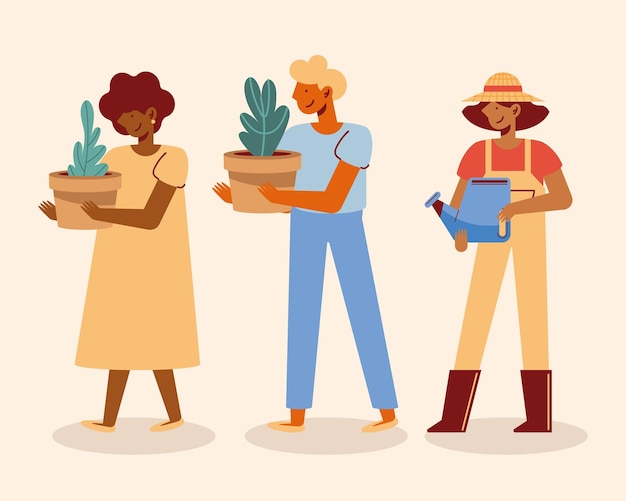 Tres personajes de personas jardineros.