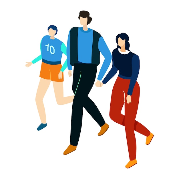Tres personas caminando casualmente dos hombres y una mujer en coloridas ropas informales grupo caminar diversos