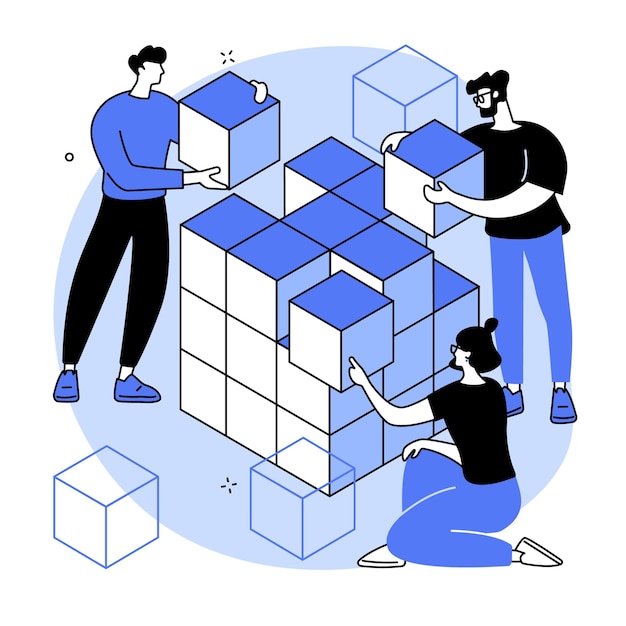 Tres personas colaborando en la construcción de una estructura de cubo azul y blanco