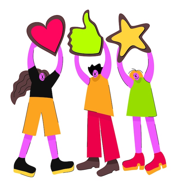 Tres personas con corazón, me gusta y signo de estrella. ilustración aislada brillante vectorial.