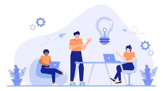 Tres personas en un equipo de negocios están discutiendo y hablando sobre ideas y estrategias de negocio en un espacio de coworking moderno y creativo