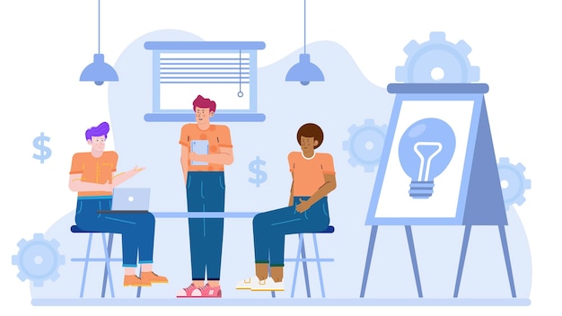 Tres personas en un equipo de negocios están discutiendo y hablando sobre ideas y estrategias de negocio