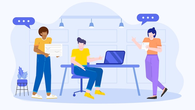 Tres personas en un equipo de negocios están hablando de negocios en un espacio de coworking moderno y creativo