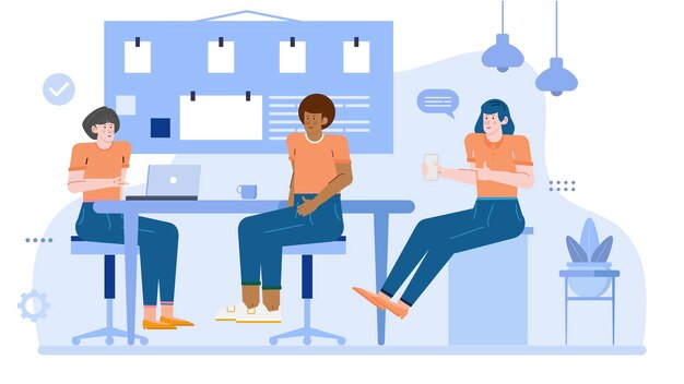 Tres personas en un equipo de negocios están hablando de negocios en un espacio de coworking moderno y creativo