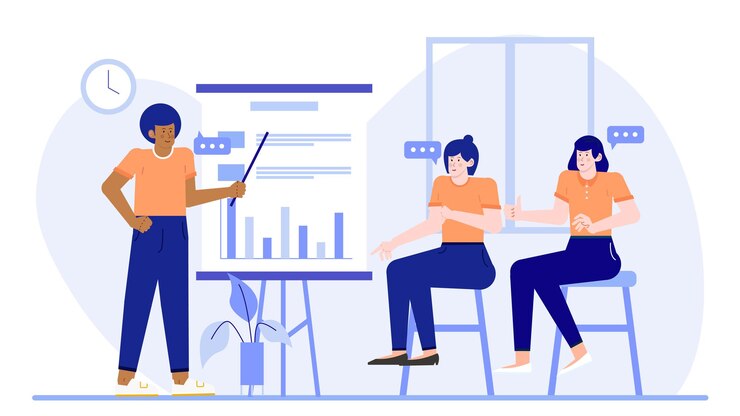 Vector tres personas en un equipo de negocios están teniendo una reunión discutiendo sobre el aumento del negocio con gráficos y gráficos en la oficina
