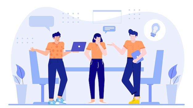 Tres personas en un equipo de negocios están teniendo una reunión discutiendo sobre la estrategia de negocios y la idea en la oficina