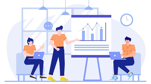 Tres personas en un equipo de negocios haciendo una presentación sobre el crecimiento del negocio con gráficos y gráficos en un espacio de coworking moderno y creativo