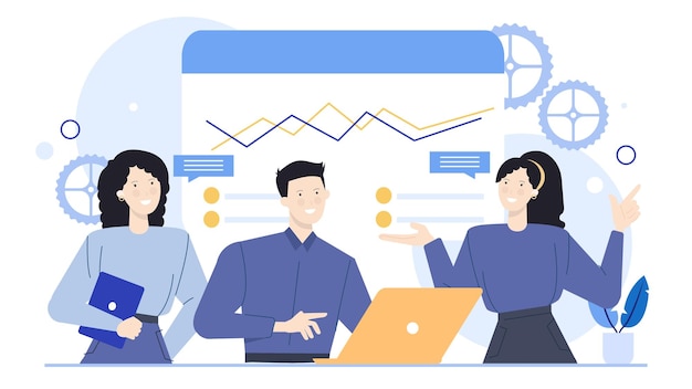 Tres personas están explicando sobre el aumento de los negocios