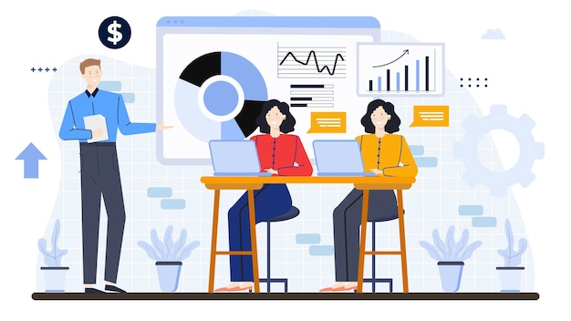 Tres personas están explicando sobre el diagrama de aumento de negocios en la oficina