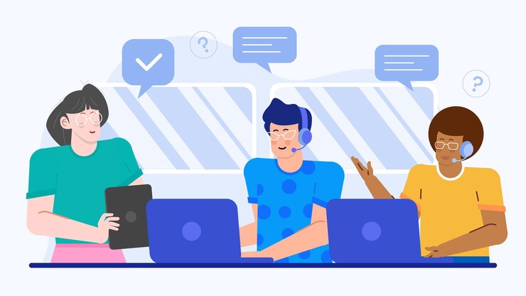 Vector tres personas están haciendo capacitación de empleados en servicio al cliente en la oficina