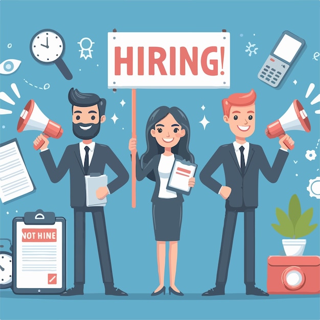 Tres personas están sosteniendo un cartel que dice "Hiring" en letras rojas.