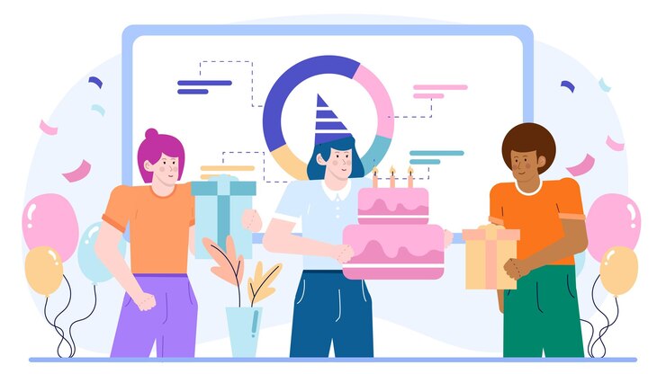 Vector tres personas en la oficina haciendo celebraciones cumpleaños o aniversarios de trabajo
