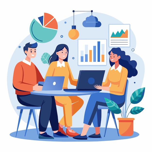 Tres personas sentadas en una mesa con una computadora portátil Tres personas teniendo una reunión de empresa con datos Ilustración vectorial plana simple y minimalista