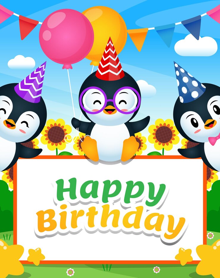 Vector tres pingüinos felices con pancarta de feliz cumpleaños