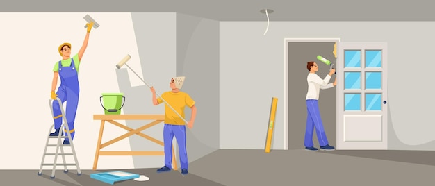 Tres pintores trabajando dentro de una habitación pintando paredes y puertas Estilo gráfico plano Fondo claro Concepto de renovación del hogar Ilustración vectorial