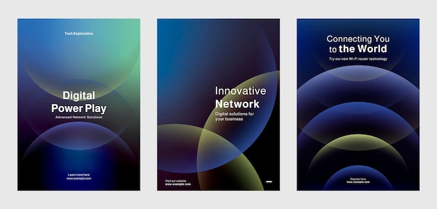 Tres plantillas de carteles con temas de marketing modernos que muestran análisis e innovación de datos digitales Conjunto de gradiente azul con tecnología digital y seguridad de datos Conjunto vectorial de plantillas de posters