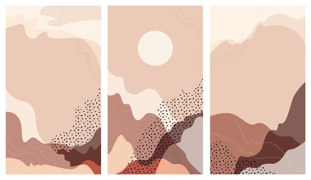 Tres plantillas modernas y modernas de historias de instagram. Fondo de paisaje abstracto