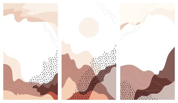 Tres plantillas modernas y modernas de historias de instagram. Fondo de paisaje abstracto