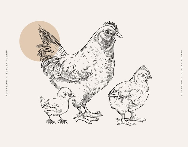 Tres pollos de pie juntos Un dibujo lúdico de aves de granja