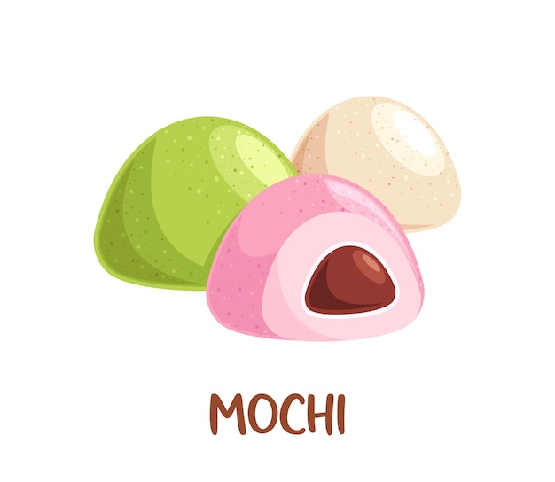 Tres postres Mochi japoneses de color rosa verde con un relleno y beige en una ilustración de fondo blanco