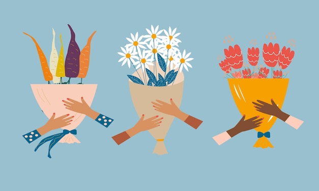 Tres ramos diferentes son sostenidos por manos humanas Concepto de tienda de flores Vector