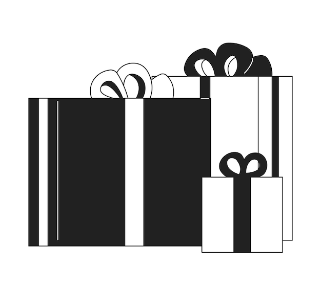 Vector tres regalos apilados en blanco y negro objeto de dibujos animados 2d navidad vacaciones pila de paquetes aislado vector contorno artículo feliz cumpleaños caja de regalos felicitaciones monocromática ilustración de punto plano