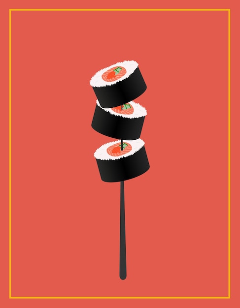 Vector tres rollos de sushi en palillos negros.