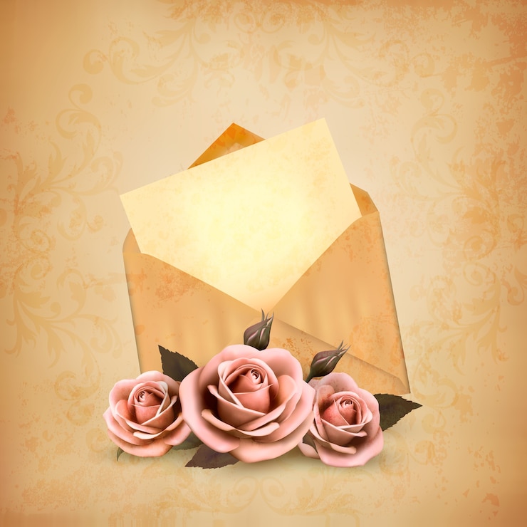 Vector tres rosas delante de un sobre antiguo con una carta
