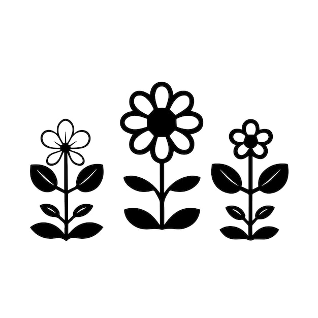 Tres sencillas ilustraciones de flores en blanco y negro