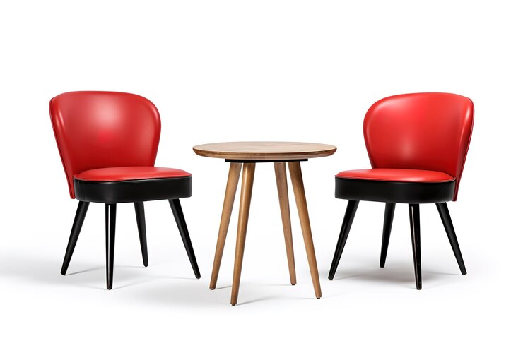 Vector tres sillas rojas se sientan una al lado de la otra, una de las cuales tiene una mesa de madera y la otra con un taburete de madera