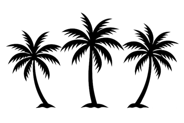 Tres siluetas de cocoteros en varios estilos tropicales