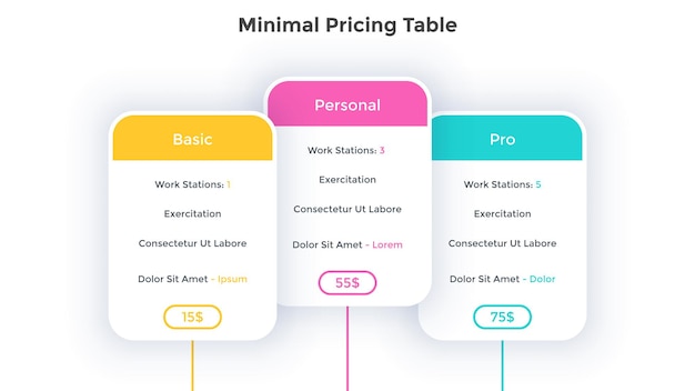 Tres tablas de precios rectangulares con 3 versiones de producto y listas de opciones incluidas. Planes de suscripción básicos, personales y profesionales. Plantilla de diseño de infografía mínima. Ilustración vectorial moderna.