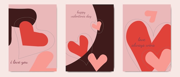 Tres tarjetas de San Valentín minimalistas con formas abstractas de corazón con el texto que dice te quiero hap
