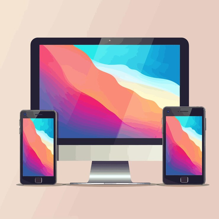 Vector tres teléfonos inteligentes están en una mesa uno es un teléfono celular y el otro es un multicolor